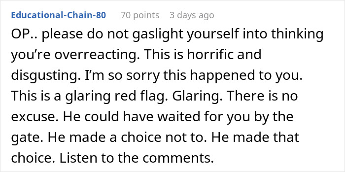 Comment discussing a man abandoning his girlfriend at the airport. Comment discussing a man abandoning his girlfriend at the airport.