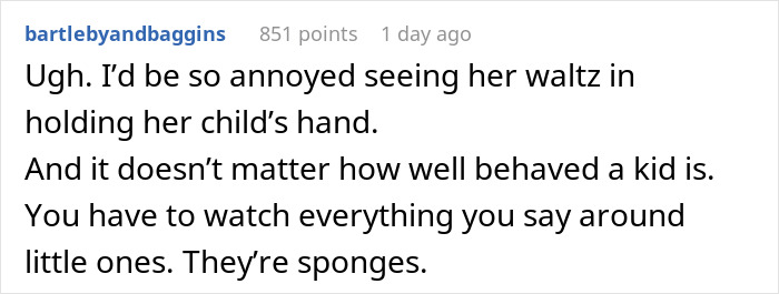 Text discussing a birthday dinner remark about having children at events and monitoring conversation around them.