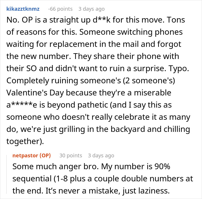 Reddit comment exchange discussing phone number mishap affecting Valentine's Day reservations.