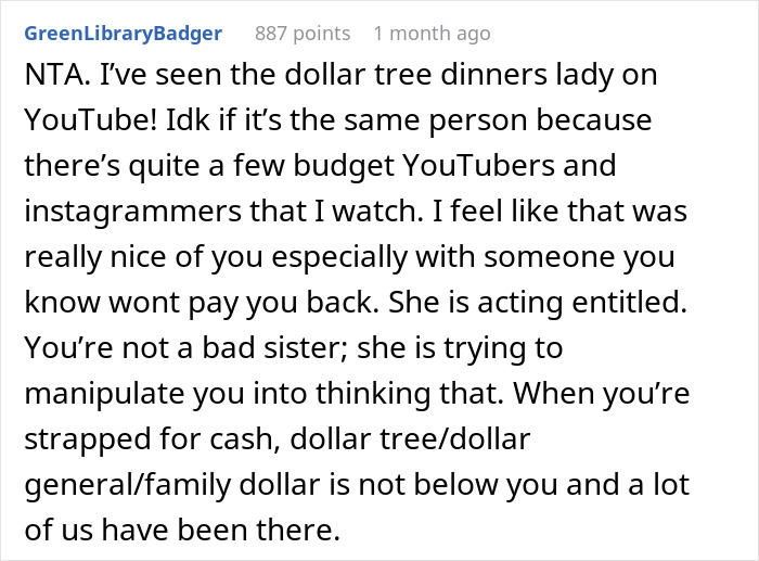 Reddit comment discussing groceries from Dollar Tree, mentioning entitled behavior and budget-friendly shopping.