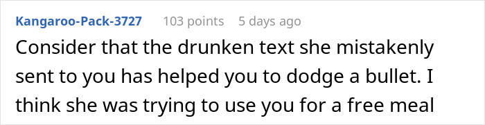 Comment discussing revenge and a mistaken drunken text about a date.