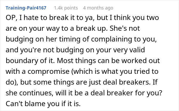 Reddit comment discussing relationship issues and boundaries between a couple. Reddit comment discussing relationship issues and boundaries between a couple.