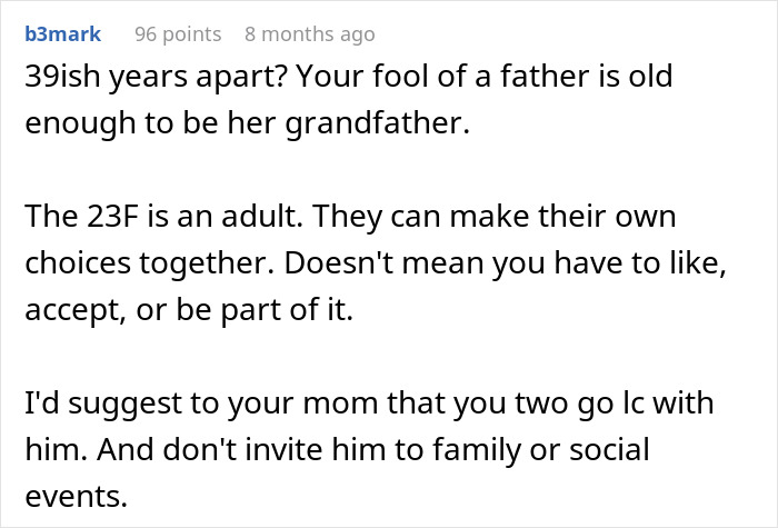 Reddit comment discussing a dad's relationship with a younger girlfriend, suggesting limited contact.