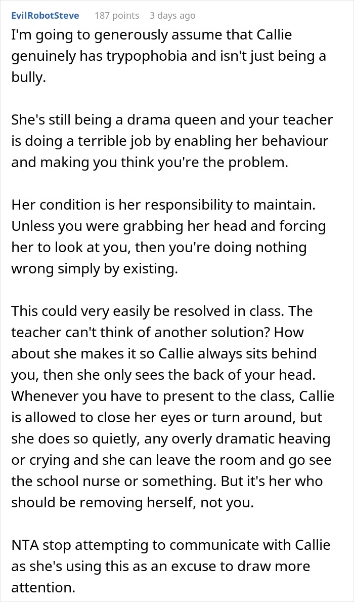 Text conversation discussing a student&rsquo;s acne impacting class dynamics.