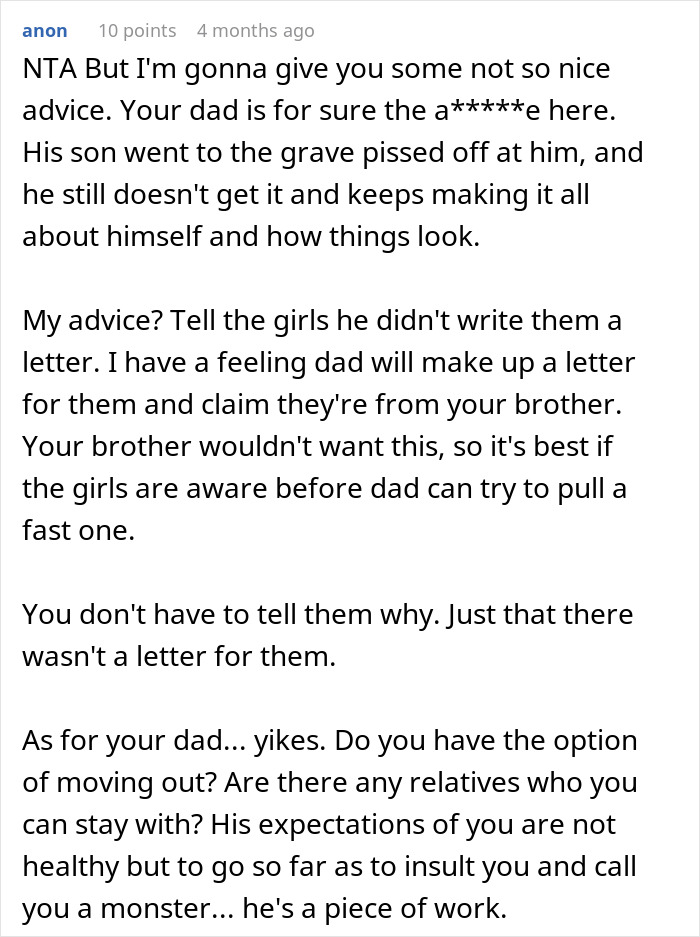 Text screenshot discussing advice about family dynamics and a brother's final words. Text screenshot discussing advice about family dynamics and a brother's final words.