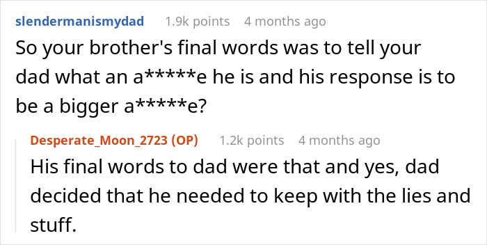 Teen discusses brother's final words about their father in a Reddit conversation. Teen discusses brother's final words about their father in a Reddit conversation.
