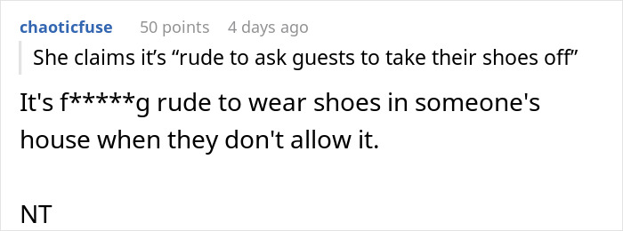 Comment discussing house rule about removing shoes, labeled as rude.