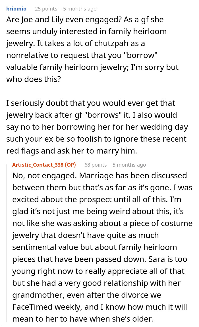 Text conversation about woman demanding family heirloom jewelry, mom's refusal discussed. Text conversation about woman demanding family heirloom jewelry, mom's refusal discussed.