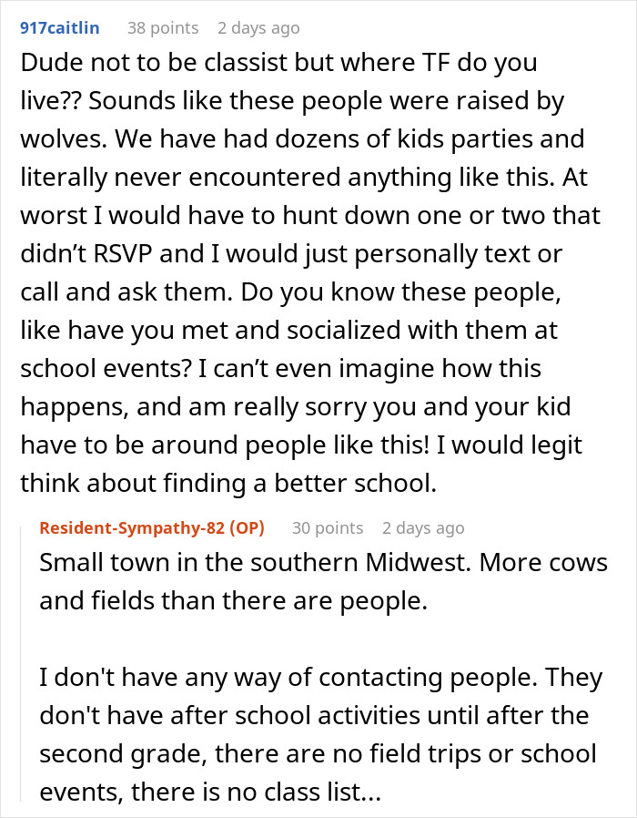 Reddit comments discussing kid's party with no RSVPs, mentioning small town issues.