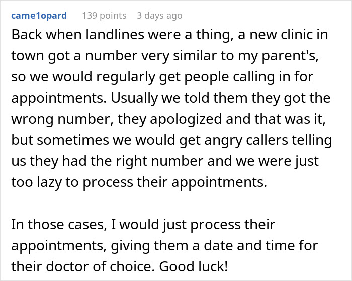 Text story about phone number mix-up with clinic reservations.