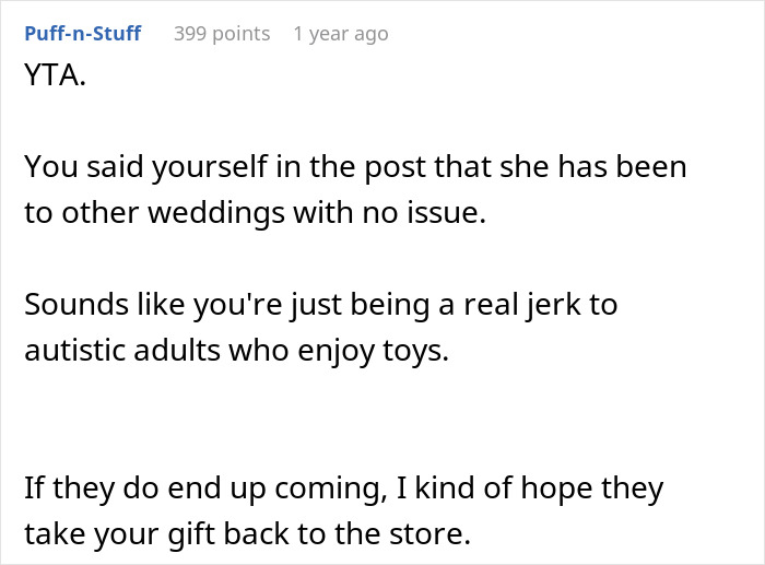 Text image discussing exclusion at a child-free wedding, highlighting a conflict with autistic adult being targeted. Text image discussing exclusion at a child-free wedding, highlighting a conflict with autistic adult being targeted.