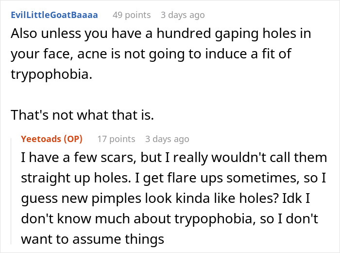 Reddit discussion on acne and its possible link to trypophobia concerns.