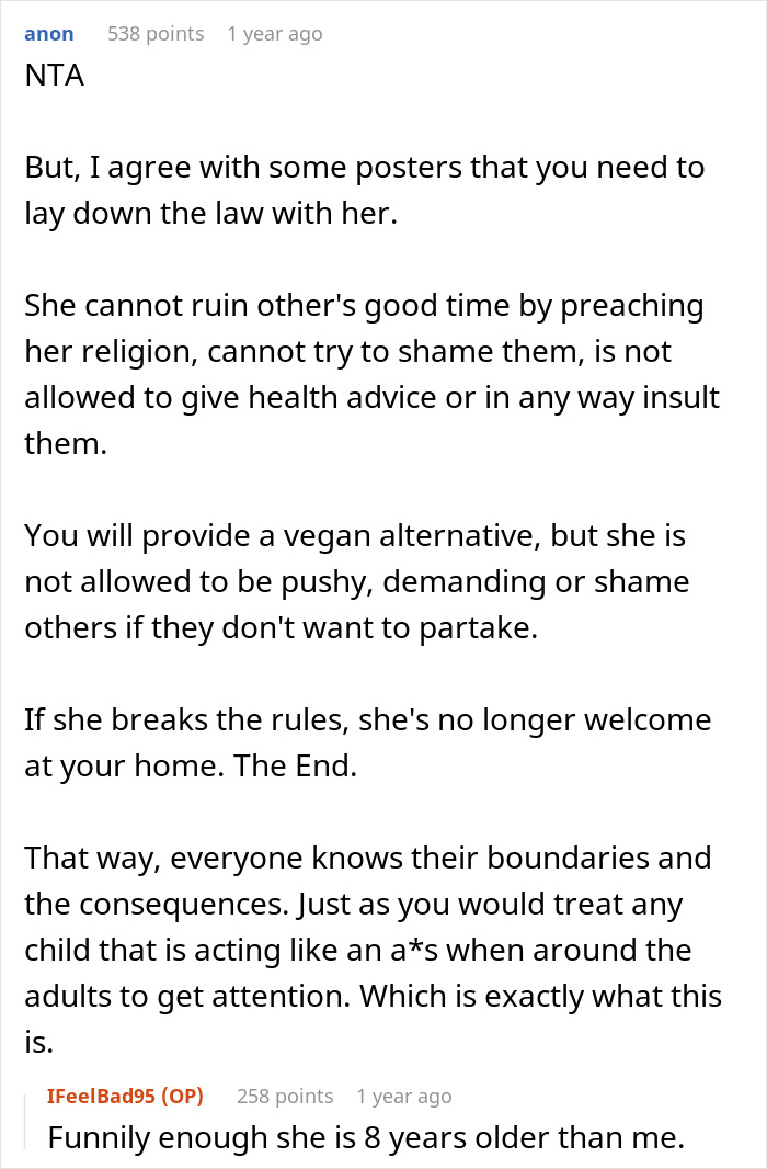 Text post discussing family boundaries at barbeques with vegan sister-in-law. Text post discussing family boundaries at barbeques with vegan sister-in-law.