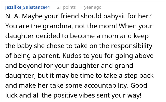 Reddit comment discussing a grandmother's role, stressing boundaries in babysitting expectations.