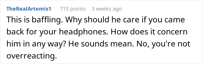 Reddit comment questioning a husband&rsquo;s anger over a wife wanting headphones at the gym, calling his reaction unreasonable.