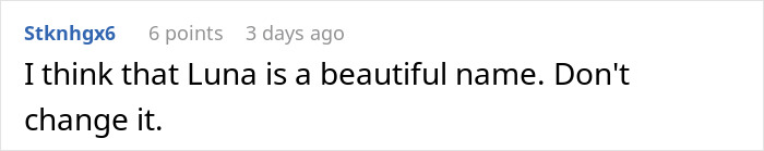 Comment supporting the name Luna, described as beautiful.