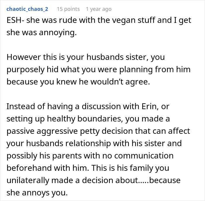 Reddit comment discussing family dynamics and vegan disagreement at a barbeque. Reddit comment discussing family dynamics and vegan disagreement at a barbeque.