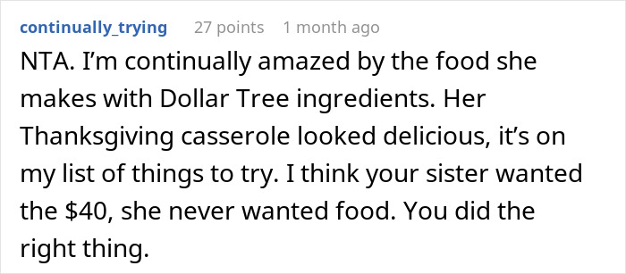Comment praising Dollar Tree groceries for recipes, mentioning a delicious Thanksgiving casserole and supporting the decision made.