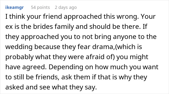 Text comment discussing a backyard wedding situation where friends denied a plus-one request. Text comment discussing a backyard wedding situation where friends denied a plus-one request.