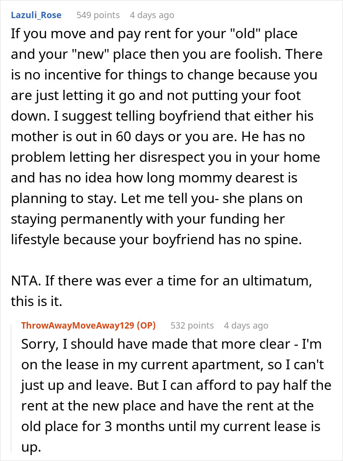Reddit comments discussing issues with a difficult mother-in-law living in an apartment. Reddit comments discussing issues with a difficult mother-in-law living in an apartment.