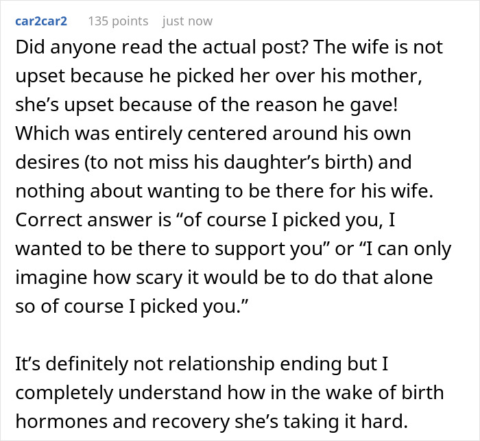 Text exchange discussing wife's feelings about husband's presence during labor.