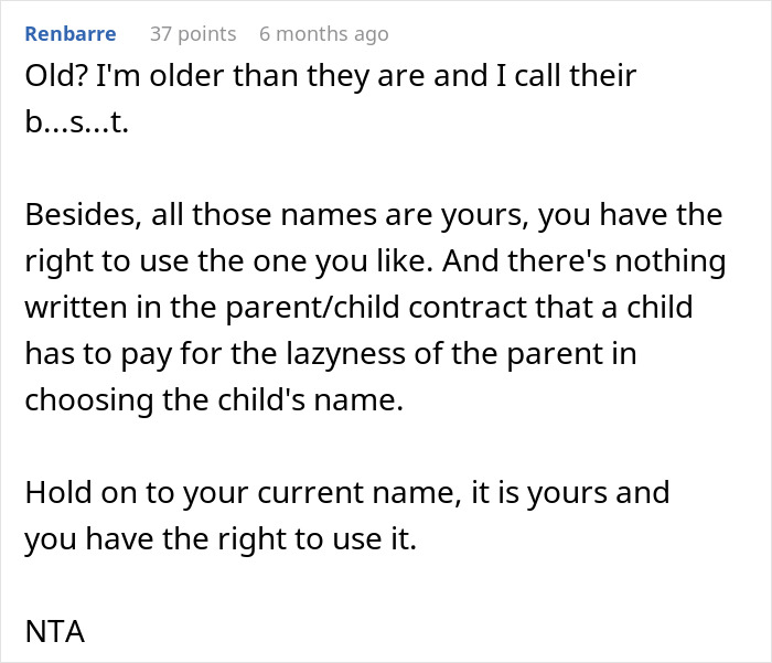 Comment discussing a daughter's right to choose her own name despite a parent's unconventional choice.