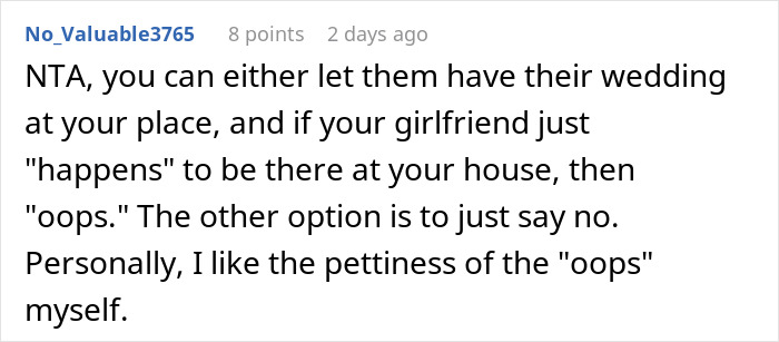 Reddit comment discussing refusal to host a wedding after being denied a plus-one. Reddit comment discussing refusal to host a wedding after being denied a plus-one.