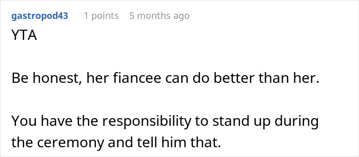 Text from a forum post suggesting a fianc&eacute; deserves better and should be told during the ceremony.