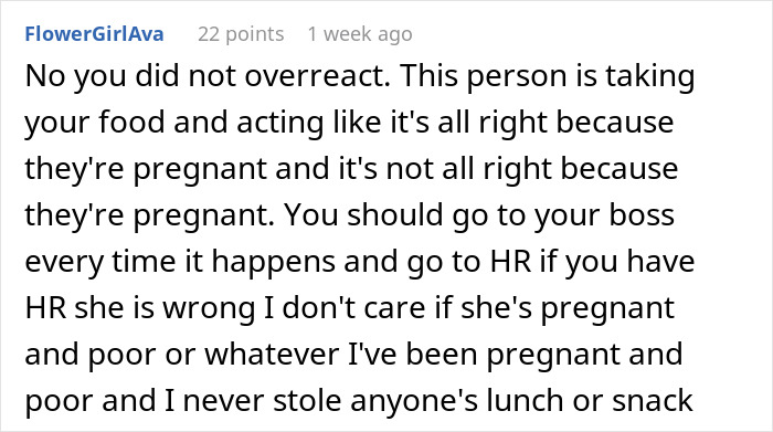 Text from an online discussion about a pregnant coworker taking food, suggesting HR involvement. Text from an online discussion about a pregnant coworker taking food, suggesting HR involvement.
