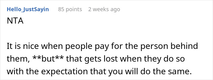 Online comment discussing a "pay it forward" chain and opinions on expectations involved in continuing it.