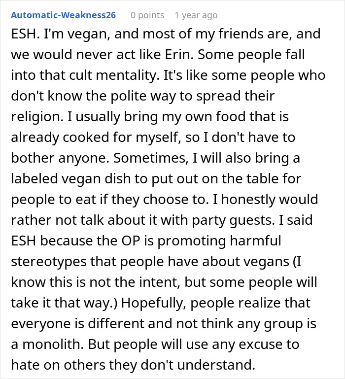 Text discussing veganism, personal experience at family gatherings, and opinions on promoting stereotypes. Text discussing veganism, personal experience at family gatherings, and opinions on promoting stereotypes.