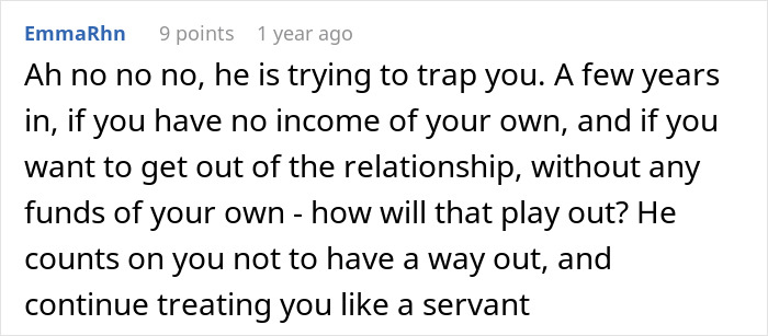 Online comment discussing relationship challenges related to quitting a job for a husband. Online comment discussing relationship challenges related to quitting a job for a husband.
