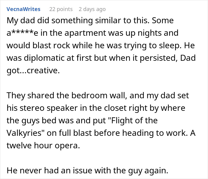 Text describing a creative solution to noisy hotel room neighbors after a night of partying.