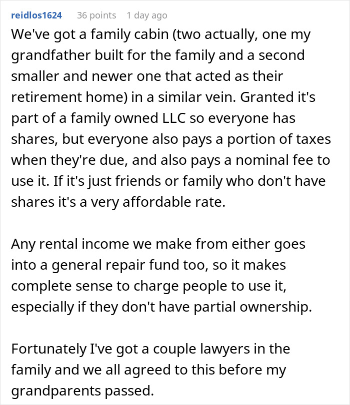 Text detailing a family cabin rental agreement and repair fund policy. Text detailing a family cabin rental agreement and repair fund policy.