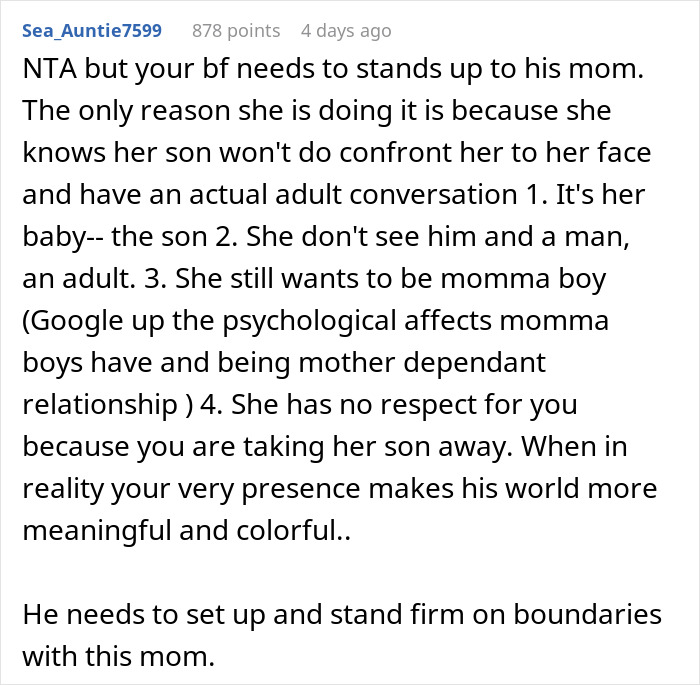 Text discussion about a son's girlfriend dealing with a mother's house rule issue.