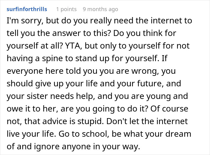 Reddit comment discussing prioritizing personal future over babysitting for older sister's kids.