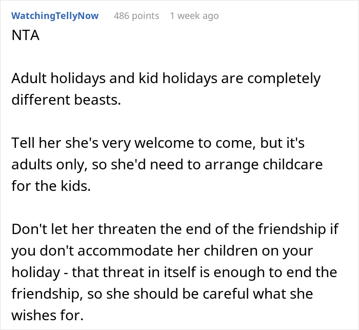 Text comment about adult holidays versus kid holidays, discussing child-free vacation dynamics.