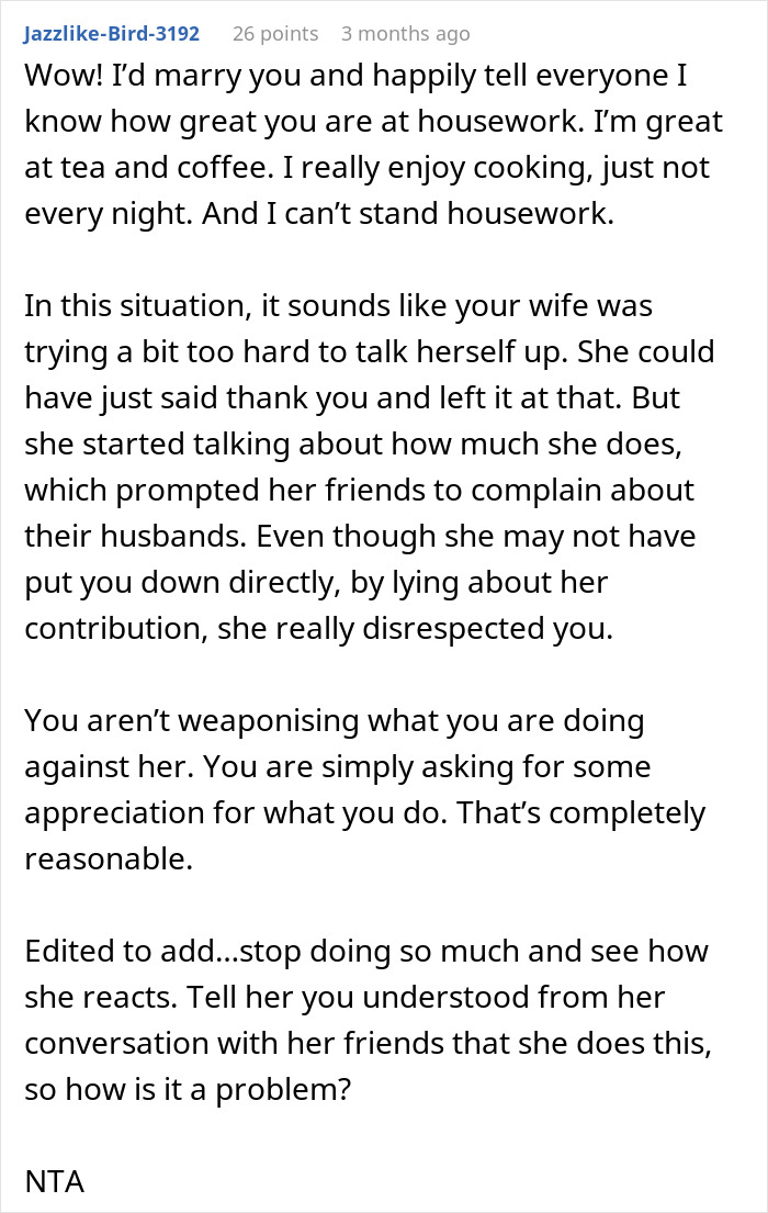 Reddit comment discussing a husband's contributions and seeking appreciation from his wife.
