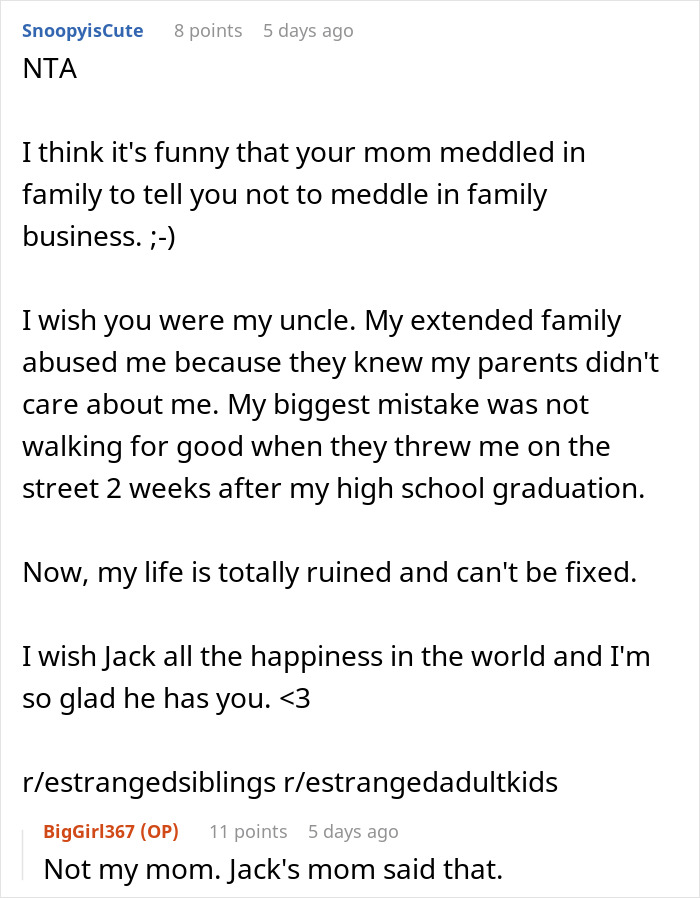 Reddit comment discussing uncle taking in nephew after family issues, relating to estranged siblings.
