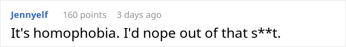 Comment about homophobia response on not allowing plus-one at wedding. Comment about homophobia response on not allowing plus-one at wedding.
