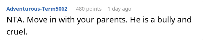 Reddit comment advises moving in with parents, describing husband as bully and cruel.