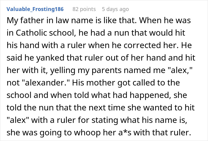 Reddit post discussing a school incident involving a student named Alex and a nun's use of a ruler.