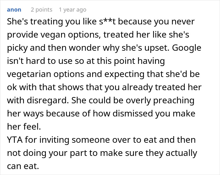 Comment criticizing lack of vegan options, mentioning feeling dismissed and disregarded, causing tension at family barbeques. Comment criticizing lack of vegan options, mentioning feeling dismissed and disregarded, causing tension at family barbeques.