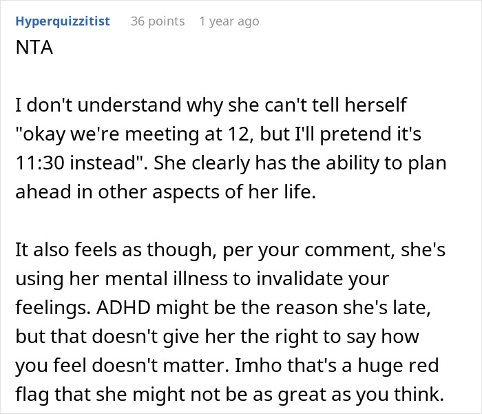Text screenshot discussing a woman's tardiness and its impact on a friend's feelings. Text screenshot discussing a woman's tardiness and its impact on a friend's feelings.