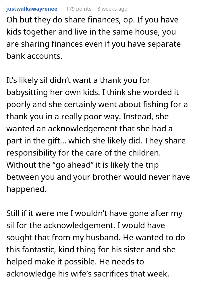 Text comment discussing sharing finances and responsibilities in relation to a birthday trip gift.