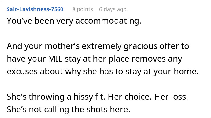 Text exchange about MIL upset over not staying over after DIL's birth. MIL offered alternative accommodation.