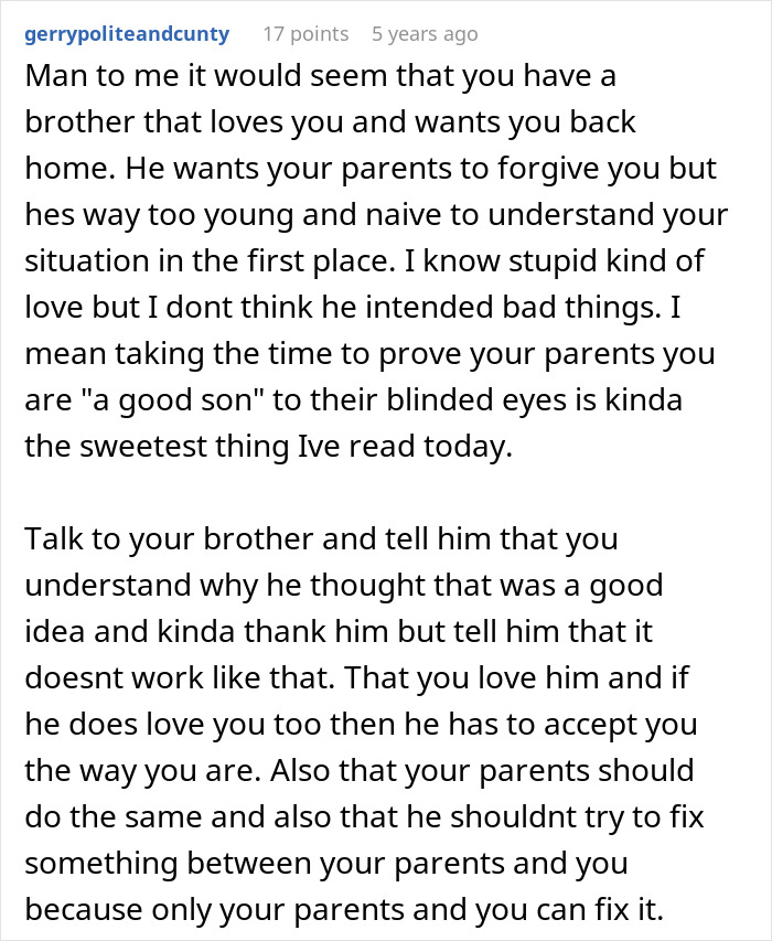 Text from an online forum discussing a teen proving their brother isn't gay.
