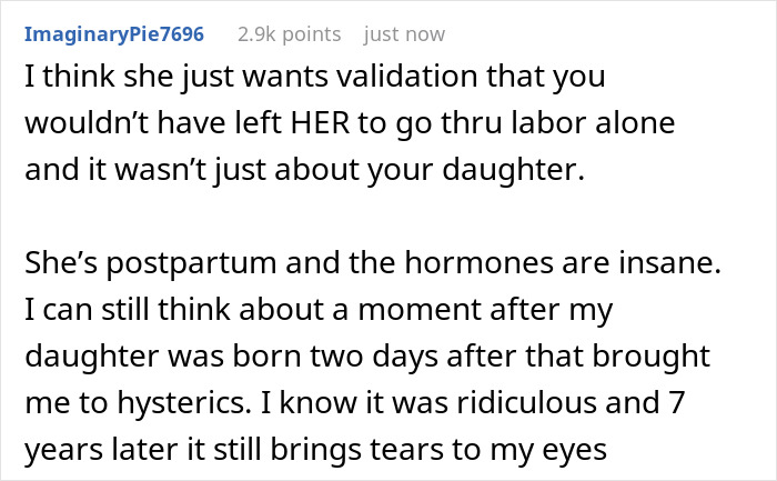 Comment discussing postpartum emotions and husband's presence during labor regarding a newborn.