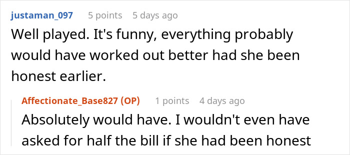 Reddit comments discussing a date; mentions honesty and splitting the bill.