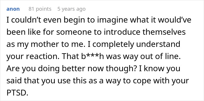 Text from a comment discussing empathy and understanding towards someone dealing with a challenging situation. Text from a comment discussing empathy and understanding towards someone dealing with a challenging situation.